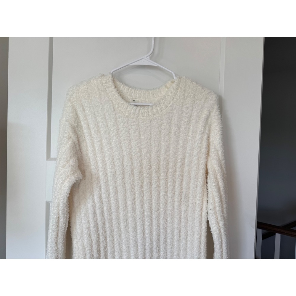 Lou & Grey Women Medium Cream Fuzzy Ribbed Eyelash Knit Midi Sweater Dress NEW - Picture 2 of 7